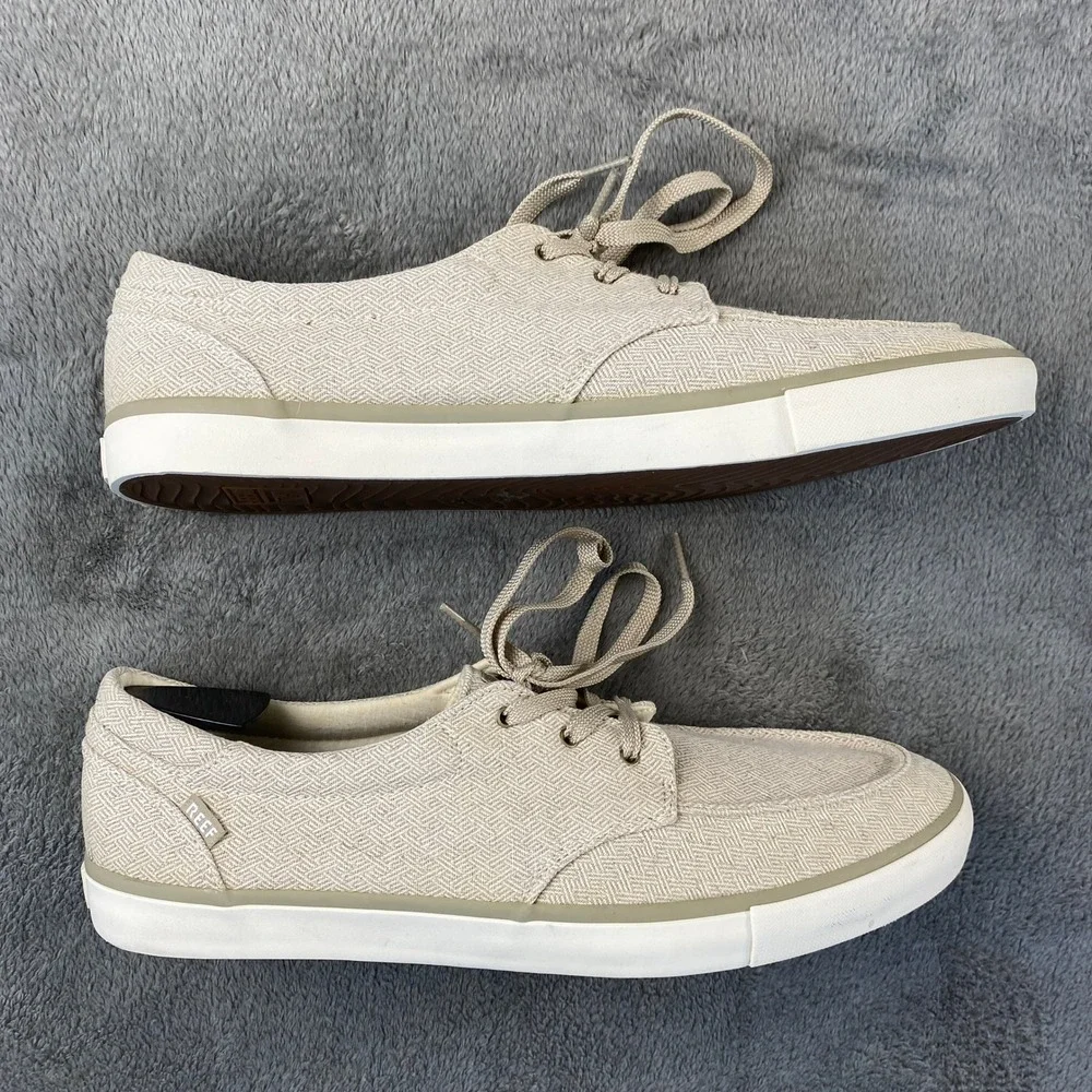 Reef Deckhand 3 TX Mens 13 Beige Tan Low Top Canvas Boat Shoe Geometric Nautical